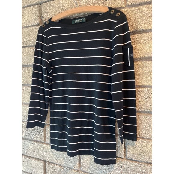Lauren Ralph Lauren Womens Black & White Striped Top With Button Shoulder Detail - Picture 2 of 8